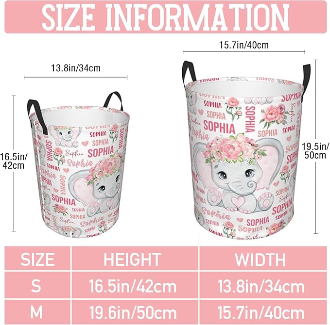 Elephant Laundry Basket,Personalized Laundry Hamper for Boys Girls,Custom Laundry Basket With Name, Customized Dirty Clothes Hamper for Bathroom Bedrooms,S-16.5"X 13.8"