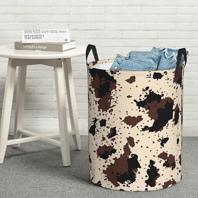 Highland Cow Texture Round Laundry Hamper Cowskin Print Storage Basket Toys Clothes Organizer Bin For Home Bathroom Bedroom Dorm Nursery, 62l