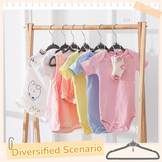 Hsei 25 Pack Baby Velvet Hangers with Ring Clips 11.02 Inch Baby Clothes Hanger for Socks Kids Felt Hangers for Closet, Space Saving Toddler Clothes Hanger for Infant Toddler