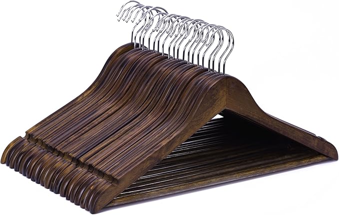 JS Hanger Wooden Coat Hangers, 20 Pack High Grade Wood Suit Hangers with Non Slip Pant Bar - Extra Smooth and Splinter Free Retro Finish