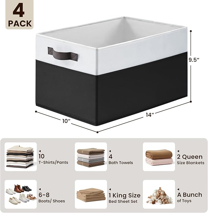 Criusia Large Storage Bins for Shelves 4 Pack, Closet Storage Baskets for Clothes Blanket Beddings Towels, Collapsible Fabric Closet Organizer Bins with Handles/ Laundry Room Organization