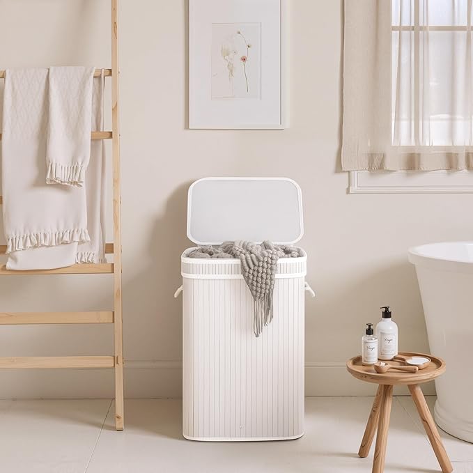 StorageWorks Laundry Hamper with Lid, Foldable Bamboo Laundry Basket, Clothes Hamper with Handles, Organizer and Storage for Laundry Room, Bedroom, Dorm, White