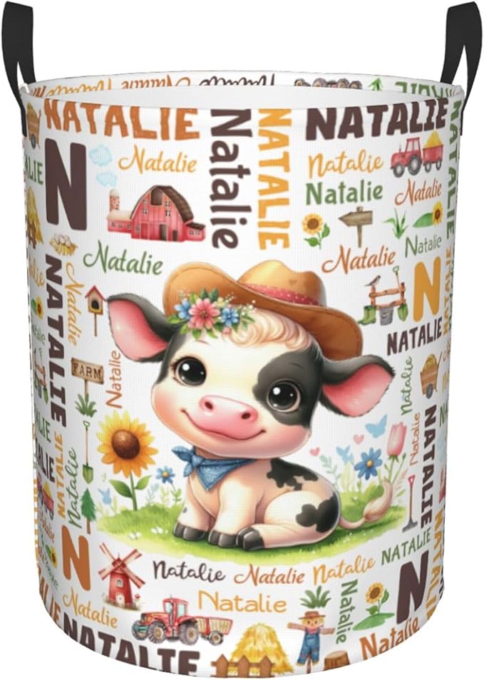 Personalized Farm Cow Laundry Basket For Baby Kids Boys Girls Adult Custom Hamper Basket With Name For Bathroom Bedrooms Collapsible Baby Laundry Basket, Dirty Clothes Hamper With Handles