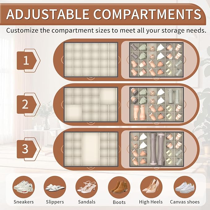Shoe Organizer for Closet, Shoe Storage Organizer with Wheels and Adjustable Dividers, Stackable Shoe Storage Box with Clear Cover, Closet Shoe Organizer Fits up to 24-48 Pairs, Gray and Beige