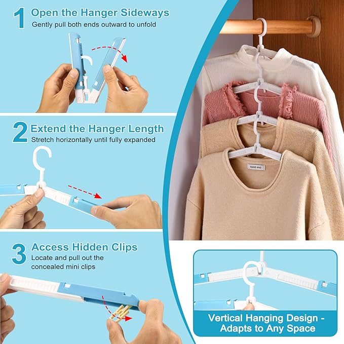 Foldable Travel Hangers for Cruise, 6 Pack Portable Collapsible Hangers with Clips, Folding & Space-Saving Suitcase Hangers for Travel, (Blue-White)
