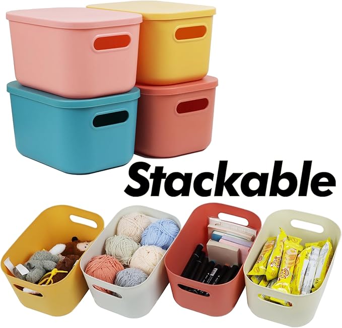 6Pcs Small Storage Bins with Lids, Stackable Plastic Organizer Bin Storage Containers for Organizing, Shelf Baskets for Pantry Cabinet Shelves Desktop Freezer Drawer Organization (6 Color, Small)