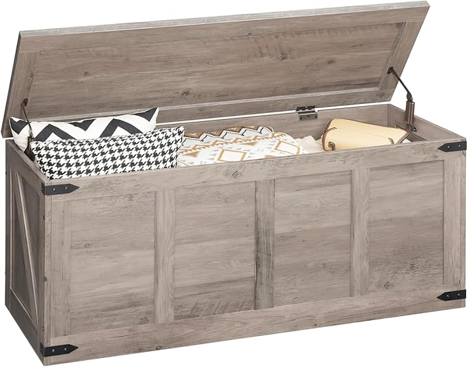 HOOBRO Storage Bench, 47.2”Toy Box Organizer with Safety Hinges, Farmhouse Wooden Storage Chest, for Hallway, Bedroom, Living Room, Greige BG520CW01