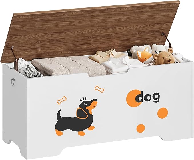 HOOBRO Toy Box, Toy Chest with 2 Safety Hinges, 43.3" Storage Bench, Wooden Storage Chest, for Entryway, Bedroom, Living Room, White and Walnut WH495CW01
