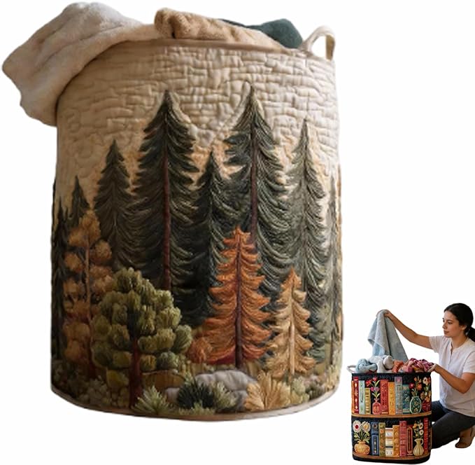 Quilted Laundry Basket, Quilted Laundry Basket with Handles, Boho Fabric Floral Storage, For Bedroom Laundry (#08, 14"L x 14"W x 18"H)