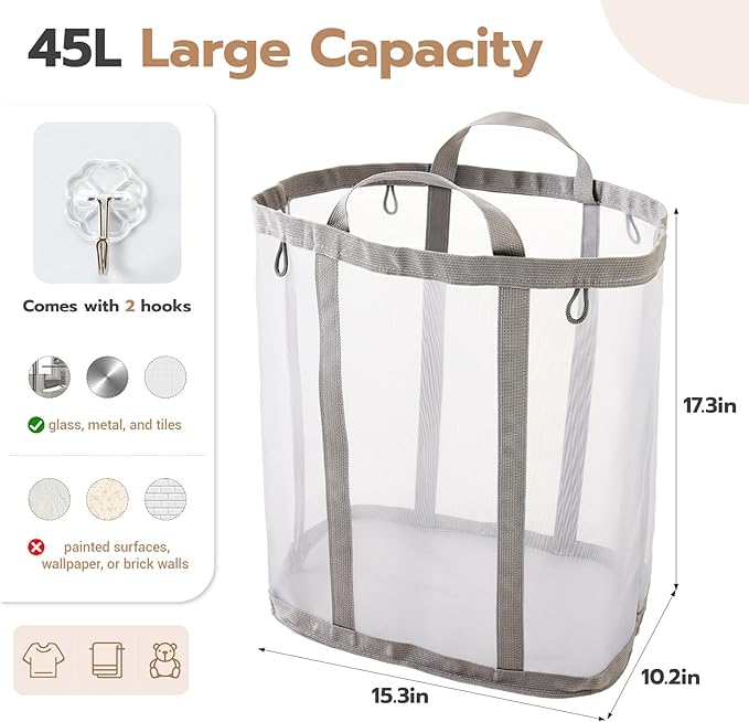 Mesh Laundry bag with Handles, 42L Collapsible Laundry Basket with 2 Hooks, Wall-Mounted Foldable Laundry Hamper Hanging for Bathroom, Dorm or Travel (Grey, 2 Pack）