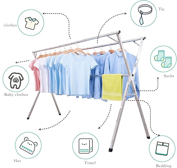 AIODE Clothes Racks for Hanging,94.5 inch for Stainless Steel Adjustable and Foldable Space Saving Laundry Clothes Drying Rack for Indoor Outdoor with Windproof Hooks