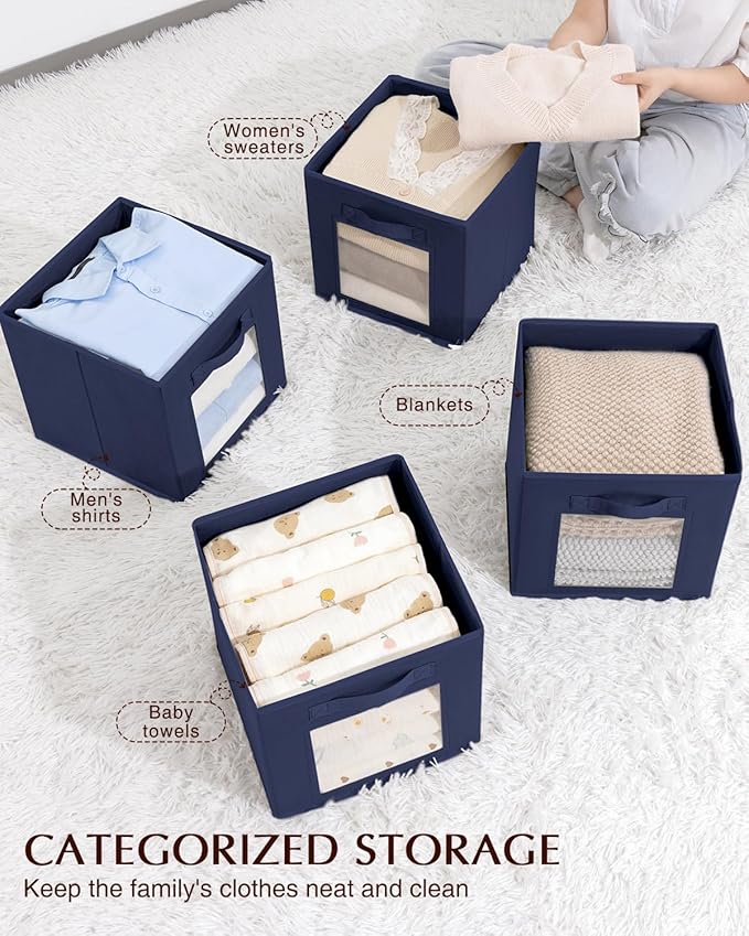 Storage Cube 11 Inch - Cube Storage Bins with Window, Closet Storage Baskets with Handle, Fabric Bins for Closet, Shelves, Toys, Clothes, Set of 6, Navy Blue
