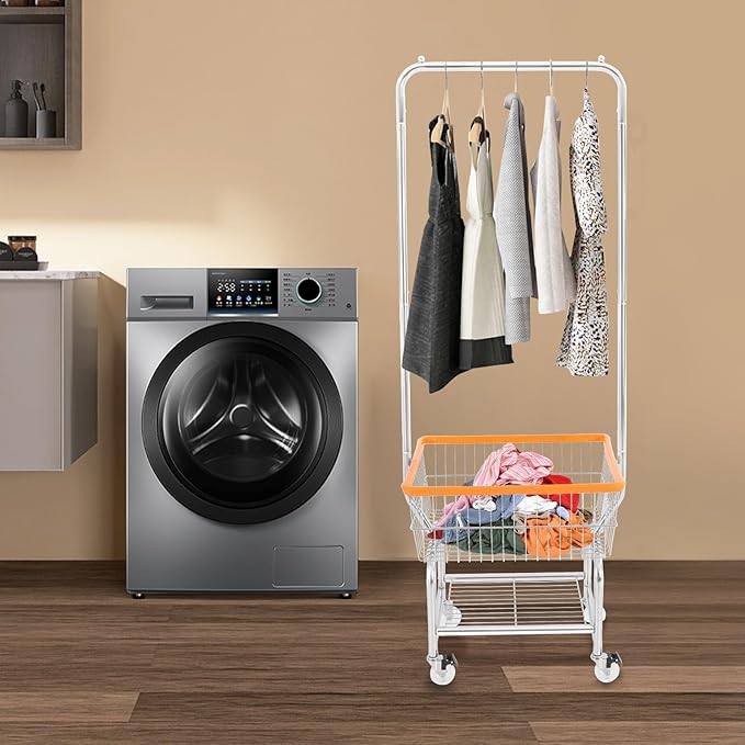 Laundry Cart,Steel Wire Laundry Cart,Laundry Basket With Wheels,Commercial Laundry Basket Cart Heavy Duty with Rod Rack 19.69x15.75x70.87in (D)