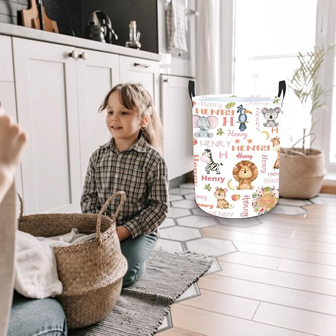 Custom Name Animals Laundry Baskets for Baby Boys Girls, Personalized Toddlers Storage Organizer for Kids Adults, Customize Hampers for Laundry Room Nursery Bathroom Bedroom Utility Room