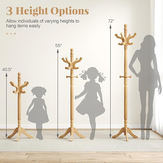 Tangkula Coat Rack Freestanding, Solid Rubber Wood Coat Tree with 11 Hooks and 3 Height Options for Coats, Hats, Bags, Purses, Clothes, Hanger Stand for Entryway Hallway Bedroom Office (Natural)