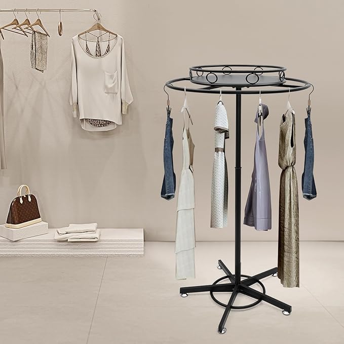 Rotatable Round Garment Rack, Floor Standing Iron clothes Hanging Rack with Topper, Suitable for Large Shopping Malls Retail, Clothes Boutique Display Laundry Rooms Multi-Purpose Hanging (Black)