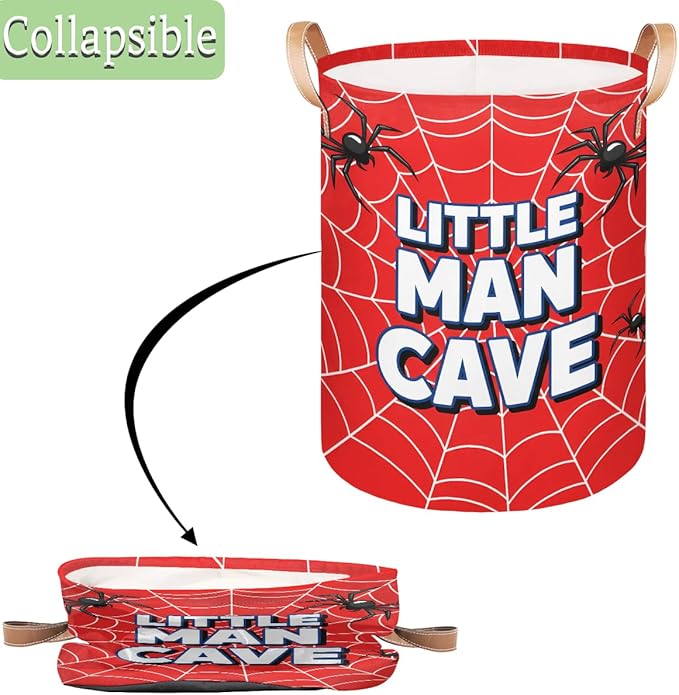Little Man Cave Laundry Basket Hamper - Spider Web Collapsible Storage Bin for Blankets, Kids Toys, Clothes, 62L Large Red Tall Baby Nursery Hamper for Bathroom, Boys Bedroom Decor, Gift Basket