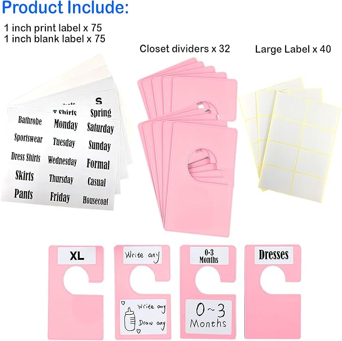 32 Pack White Clothing Rack Size Dividers Plus 75 Labels (1 Inch) and 30 Large Blank Labels, Large Rectangular Clothing Closet Dividers (Pink)