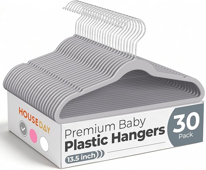 HOUSE DAY 13.5 Inch Kids Hangers 30 Pack - Premium ABS Plastic Clothes Hangers for Kids, Children, Preteens - Space Saving Thin Profile, Strong & Durable Hangers with 360° Swivel Hook - Gray