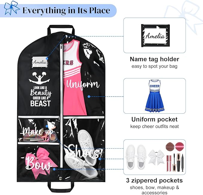 DEEKA Cheer Garment Bag for Hanging Clothes with Zipper Pockets Cheer Accessories Mom Essentials Uniform Costume 40 Inch Black Bags Stuff for Cheerleading Girls (Black,White-Cheer Quote)