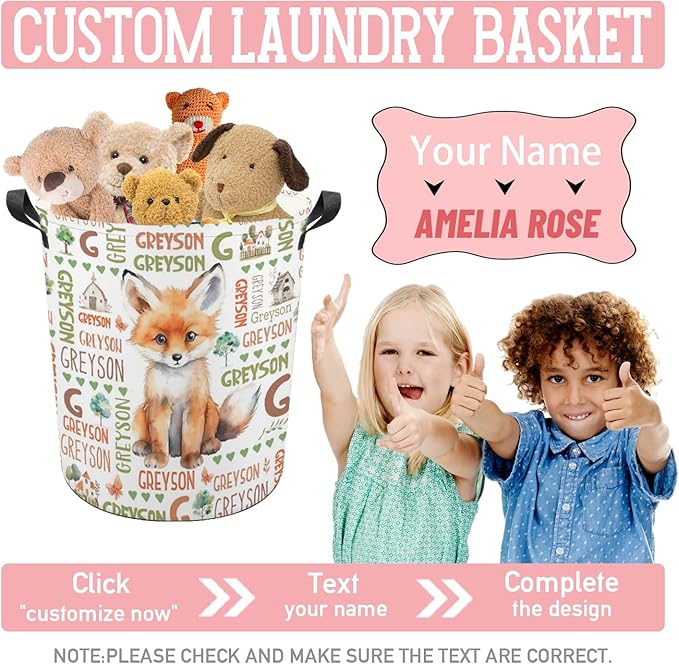 Fox Laundry Basket,Custom Laundry Hamper with Name,Personalized Fox Gifts for Boys Girls,Customize Collapsible Laundry Basket for Bedroom Bathroom,M-19.5"X 15.7"