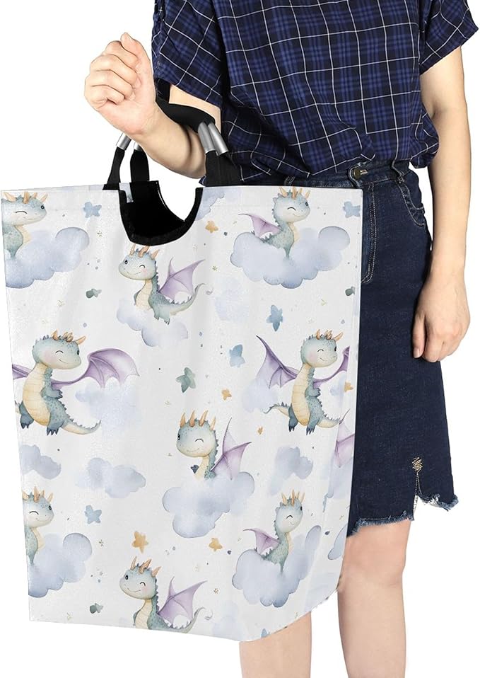 xigua Watercolor Dragon Large Laundry Hamper with Handle, Foldable Clothes Hamper Collapsible Storage Basket for Toys and Clothes Organization in Bedroom, Bathroom, and Laundry Room