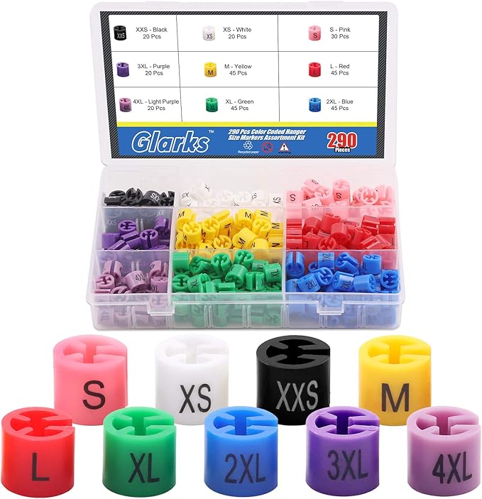 Glarks 290Pcs 9 Colors『XXS - 4XL』Colored Hanger Sizer Garment Size Markers Color Coded Size Clips Assortment Set Fit for 2-4mm Hanger Hook Used for Wire Hangers