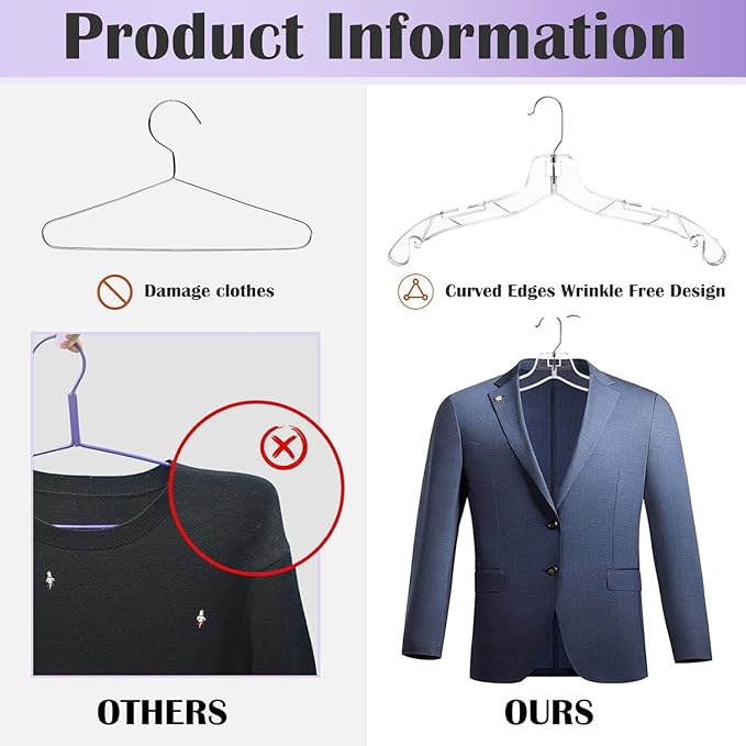 12 Pack Clear Plastic Hangers,Clear Hangers with 360 Swivel Metal Hook,Shirt Hanger Coat Hangers,Heavy Duty Hangers Dress Hangers for Clothes Shirts Dresses,16.7 Inch