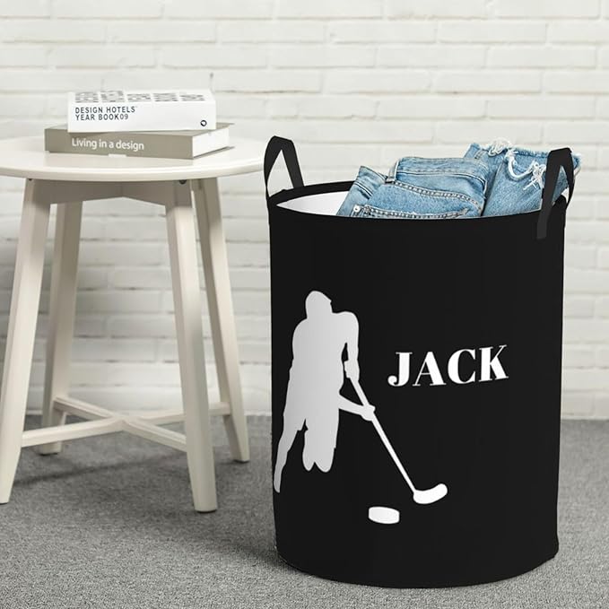 Personalized Laundry Basket for Nursery, Custom Nursery Laundry Hamper with Name, Customize Baby Clothes Circular Hamper for Boys Girls Room Decor, Hockey