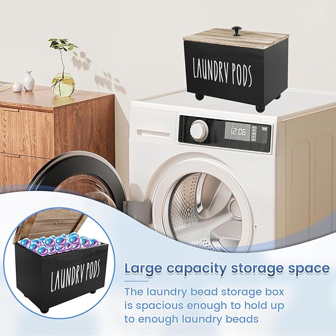 Laundry Pods Container, Farmhouse Laundry Pod Holder, Dryer Sheet Dispenser Laundry Wooden Box Container, Wooden Pods Caddy with Lid for Laundry Room Accessories Organization Decor Dispenser (Black)