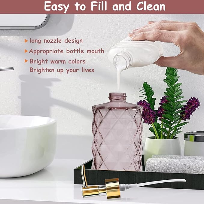 Glass Soap Dispenser with Gold Plastic Pump, 12oz Refillable Liquid Hand Soap Dispenser, 2 Pack Crystal Lotion Bottle for Modern Home Decor, Bathroom, Kitchen Countertop, Hotel