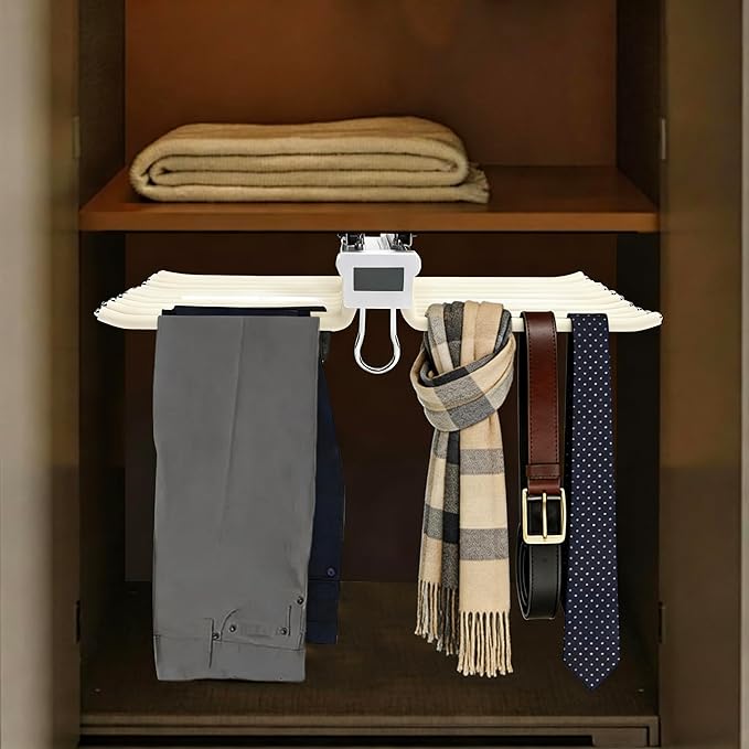 22 Arms Steel Slide Out Pants Rack Closet Pants Hanger Bar Pull Out Trousers Rack Tie Belts Scarf Racks, Top Mounted Wardrobe Clothes Organizers Rail Pull Out Closet Storage Rod-Beige