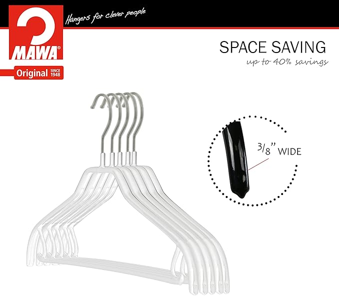 Mawa by Reston Lloyd Silhouette Series Non-Slip Space Saving Clothes Hanger with Bar & Hook for Pants and Skirts, Style 41/FRS, Set of 12, White