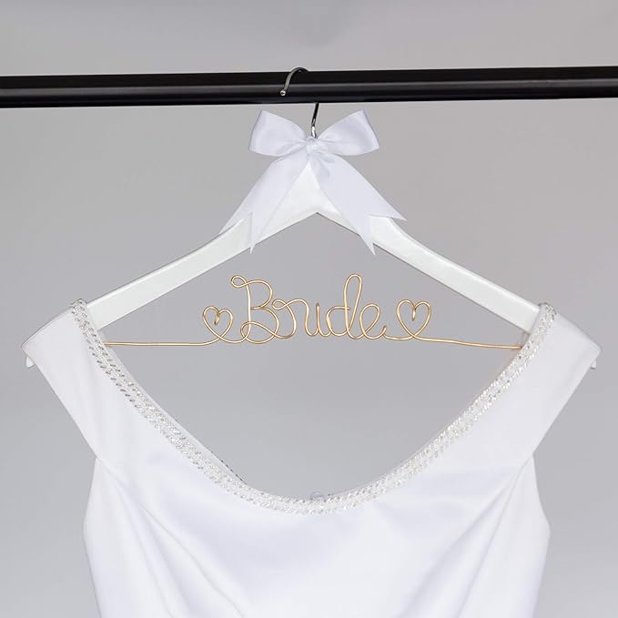 Bride to Be Wedding Dress Hanger Wooden and Wire Hangers for Brides Gowns, Dresses (White with Light Gold and Bow)