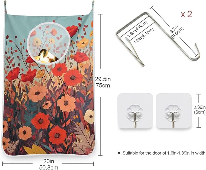 Autumn Poppy Flowers Door Hanging Laundry Hamper Bag with Free Adjustable Stainless Steel Hooks Dirty Clothes Hamper Extra Large Over the Door Laundry Hamper 29.5X20inch 2Pack