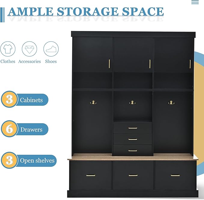 Modern 58'' Wide Hall Tree with Bench and Storage, 5-in-1 Wood Hall Tree with Coat Rack, 6 Drawers, 3 Cabinets and 3-Tier Top Storage for Hallway, Entryway, Living Room, Mudroom (Black-10.15)