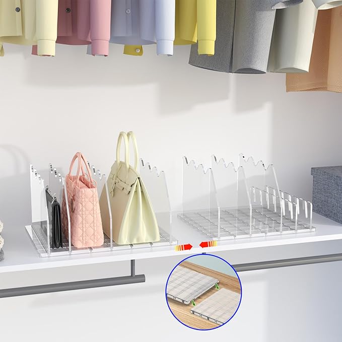 purse organizer for closet Sleek Transparent Acrylic Adjustable Organizer -shelf dividers Multifunctional for Home & Office Spaces (8 Baffles + 1 Hat Stand (Clear, 8+2)