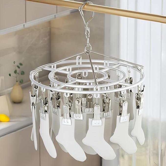 Drying Rack for Sock, Stainless Steel Sock Drying Rack with 24 Clips, Swivel Hook Windproof Hanger for Sock, Bras, Towel, Underwear, Laundry, Hat, Scarf, Pants, Gloves(Apricot)
