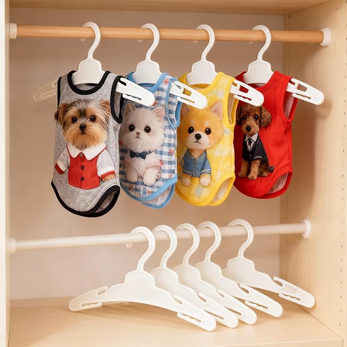 20 Pcs Dog Clothes Hangers 7 Inch White Plastic Pet Clothes Hangers with Non-Slip Clips, Cat Clothing Hangers, Pet Clothing Holders Coat Hangers for Small Pet Such as Dog & Cat Costumes