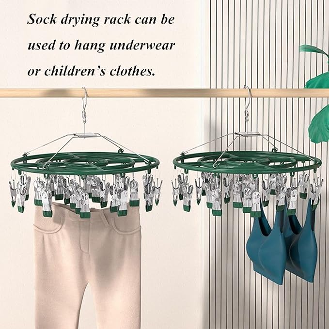 Stainless Steel Coat Sock Drying Rack with 24 Clips, Swivel Hook Windproof Clothes Hanger Rack for Sock Bras Towel Underwear Hat Scarf Gloves Pants Laundry Clothes (Emerald Green Clips)
