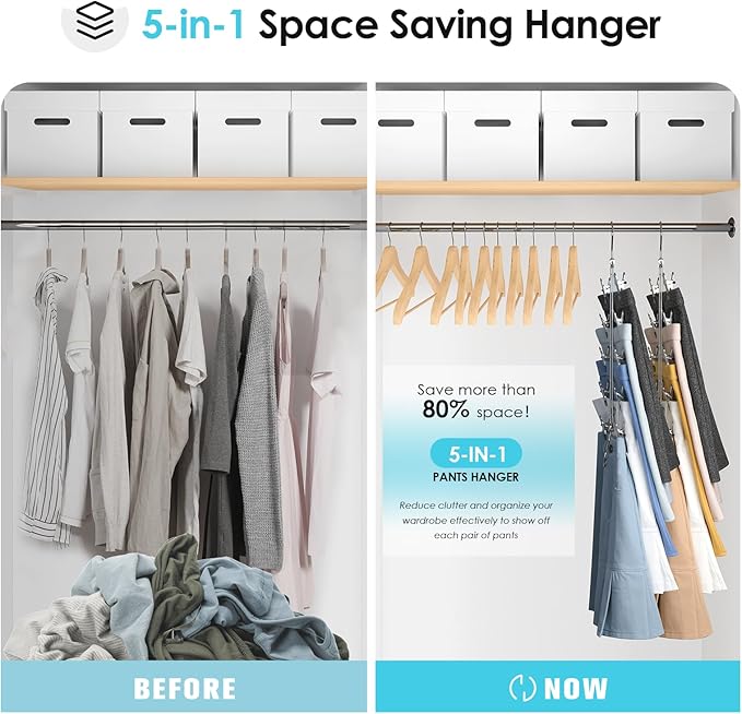 Skirt Hangers Space Saving for Woman, Jadkysarh 5 Tier Pants Organizer Hanger with Adjustable Clips Closet Organizer and Storage for Jeans, Leggings, Short - 2 Pack, Black
