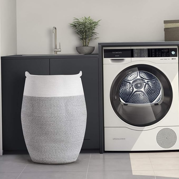 Cotton Rope Laundry Hamper by YOUDENOVA, 105L - Woven Collapsible Laundry Basket - Clothes Storage Basket for Blankets, Laundry Room Organizing, Bedroom Storage, Clothes Hamper – Grey & White