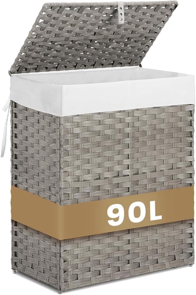 Wicker Laundry Hamper with Lid,24Gal (90 L) Rattan Laundry Basket 2 Sections with Lid, Removable Machine Washable Line, Large Clothes Hamper with Handles for Bathroom Bedroom, Gray