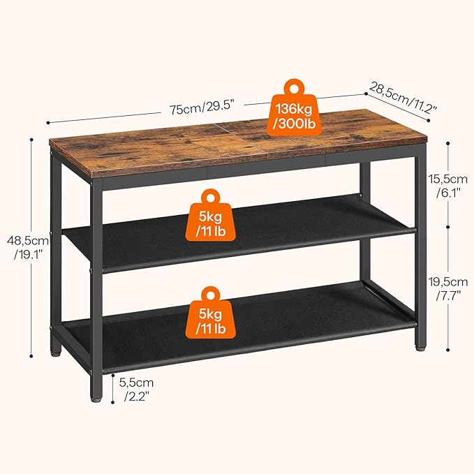HOOBRO Shoe Bench, 3-Tier Shoe Rack Bench with Oxford Fabric Shelves, 29.5" L Shoe Storage Shelf Organizer, Entryway Bench Holds 6-8 Pairs of Shoes, Lightweight, Space-Saving, Rustic Brown BF77HX01
