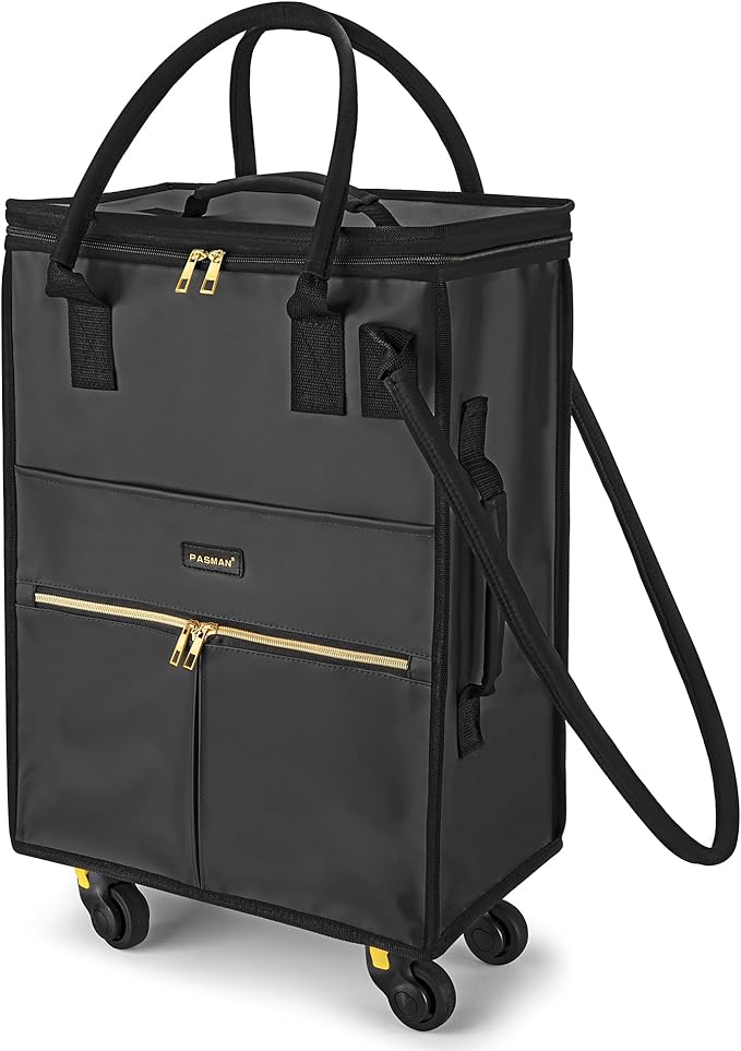 Reusable Grocery Bag on Wheels, Foldable Rolling Duffle Bag, Carry on Luggage Bag with Handle and Zipper Cover for Travel, Lightweight Rolling Tote Shopping Carts (Matte-Black, Small_41L)