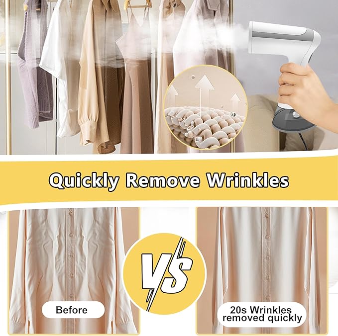 BUNUD Handheld Steamer for clothes 1500W: 20S Heat-up Garment Clothes Steamer with 300ml Water Tank - Portable Fabric Wrinkle Remover - Steam Iron 2 In 1 with Brush for Home/Office/Travel (White)