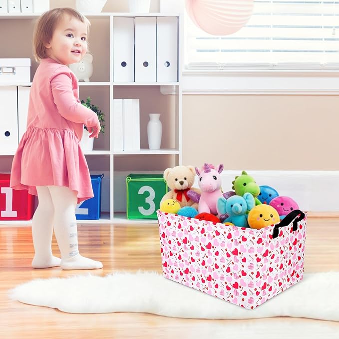 Vesici 6 Pack Valentine's Day Baskets for Gifts Empty Pink Heart Storage Bins Foldable Cute Storage Basket Rectangular Canvas Organizer Boxes with Handle for Books Clothes Home