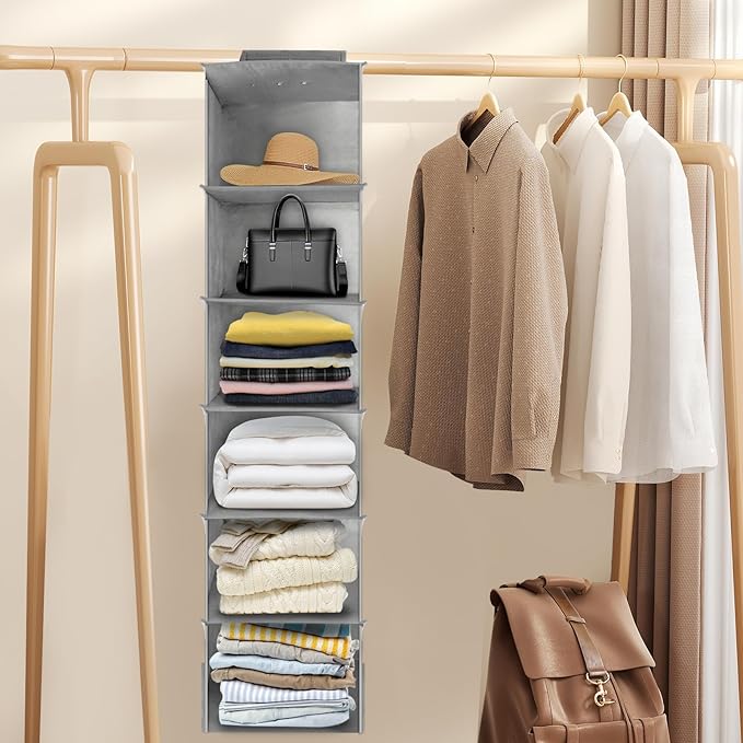 2PCS Hanging Closet Organizer, 6-Shelf Hanging Storage Shelves Wardrobe Clothes Organizer Cloth Hanging Shelves Foldable for Closet Bedroom Home (2PCS 6-Shelf)