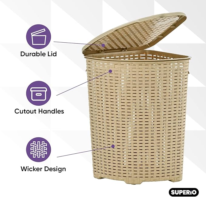 Plastic Corner Laundry Hamper with Lid, Curved Designed Laundry Basket, 2 Pack Triangle Beige Cloths Hamper Organizer with Cut-out Handles for Laundry Room Bedroom Bathroom, Wicker Design, 50 Liter
