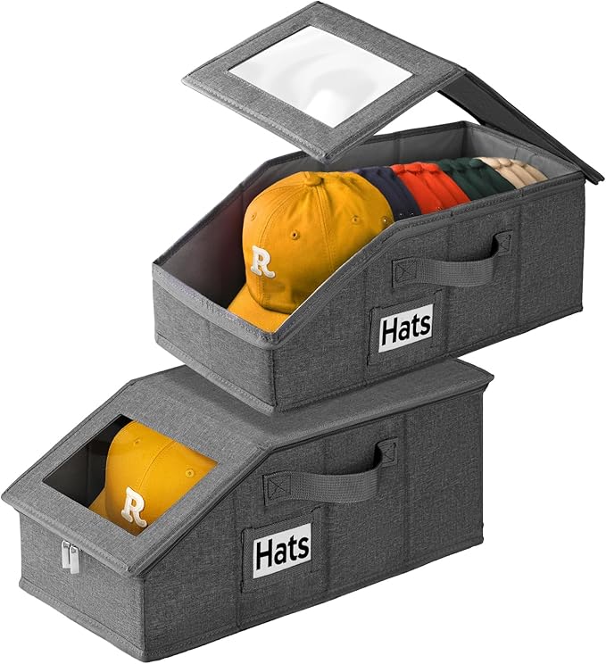 Dofilachy 2 Pack Stackable Hat Storage for Baseball Caps, Holds 28 Caps - Closet Organizer Box with Clear Window & Cardboard，Sturdy Snapback Hat Boxes for Home Storage (Linen Grey, 2 Pcs)
